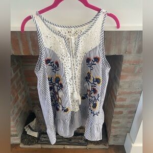 Womens Entro Tank Blouse Striped & Embroidered Floral Design size medium​